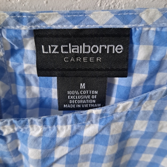 Liz Claiborne Blue Plaid Top with White Lace Elbow Sleeves - Picture 5 of 7